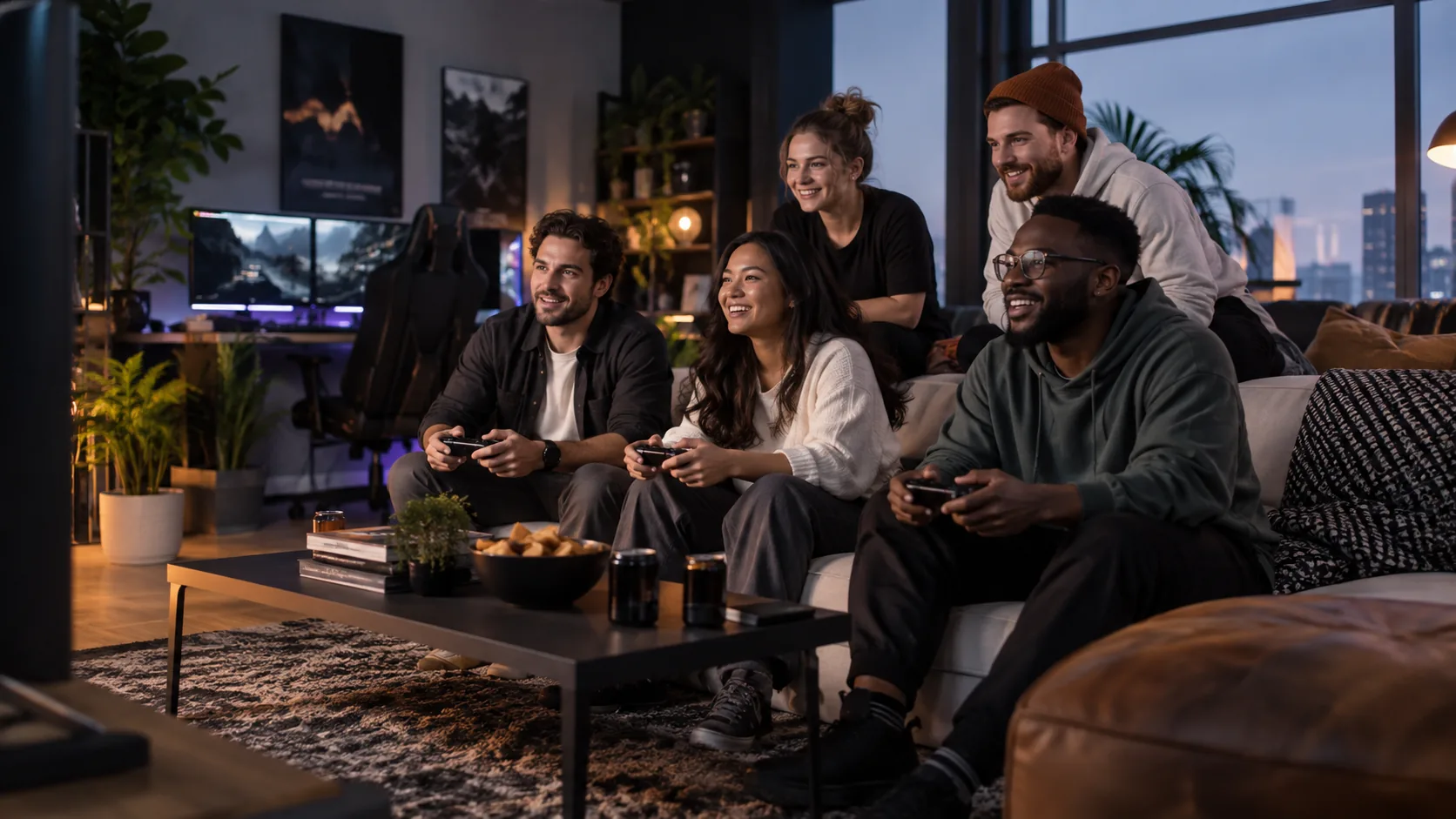 Young adult men and women enjoying video games together